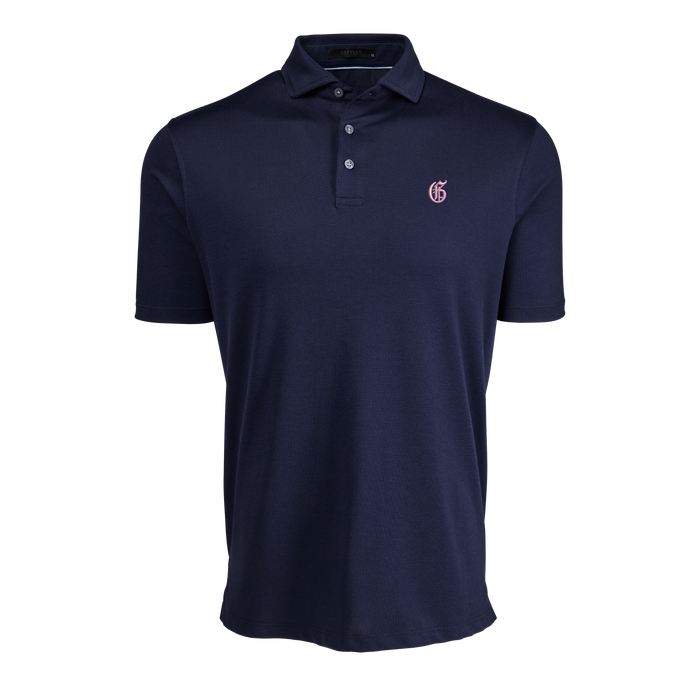 Maltese Blue Pique Gothic G Omaha Short Sleeve Golf Polo - Front View | Greyson Clothiers