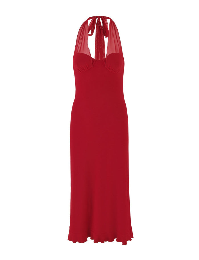 The TIGERMIST GRANGER MIDI DRESS in CHERRY RED features a sleeveless design, a halter neckline, and a flowy skirt.