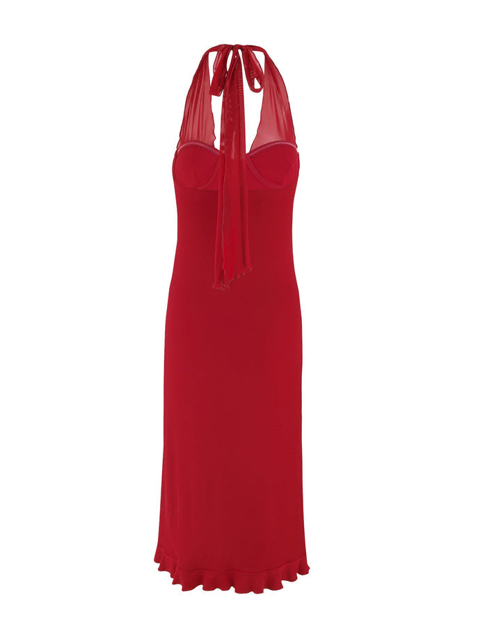 Introducing the TIGERMIST GRANGER MIDI DRESS in Cherry Red: This exquisite long dress features a halter neckline and sheer fabric at the top, complemented by a slightly ruffled hem for an elegant touch.