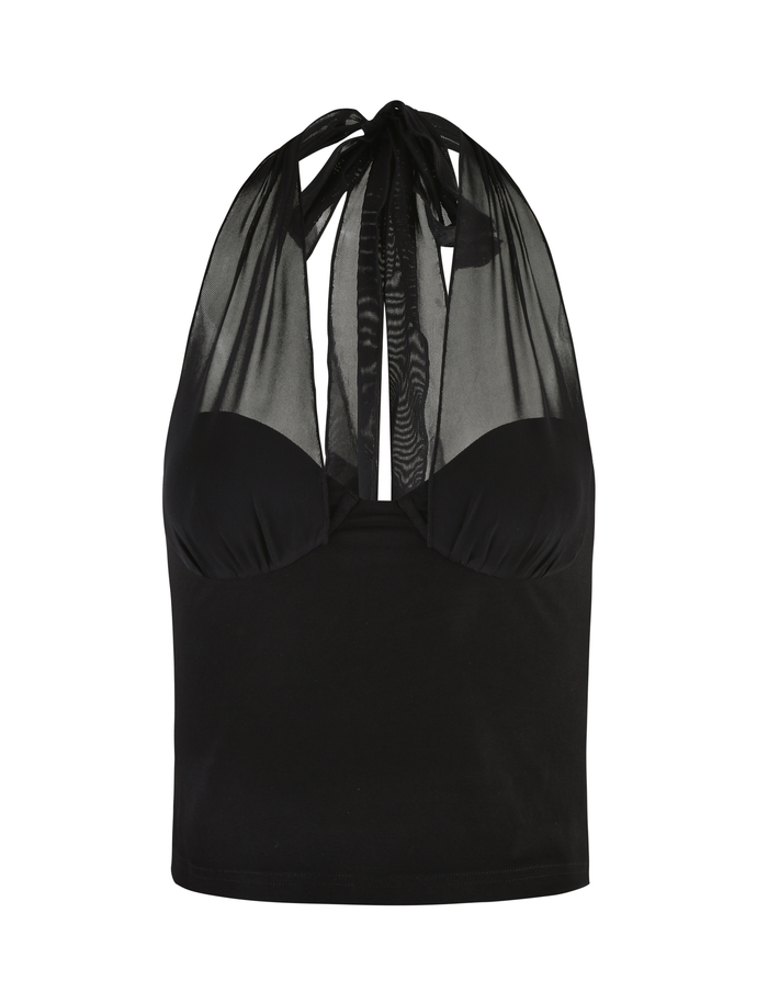The TIGERMIST GRANGER TOP - BLACK features a black halter neck design with sheer mesh tying at the neck and shoulders, complemented by a solid fitted body in a flattering bodycon fit.