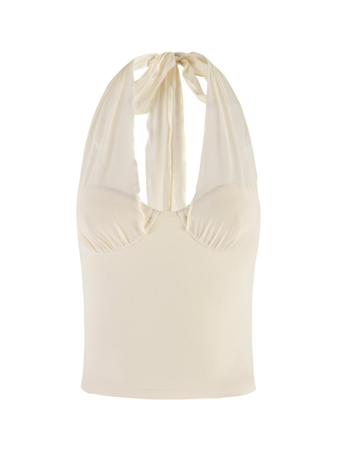 Introducing the GRANGER TOP - WHITE : CREAM by TIGERMIST: a stunning halter neckline creation featuring a tie-up design at the back. This masterpiece boasts a fitted bodice and soft, gathered bust for an elegant bodycon fit.