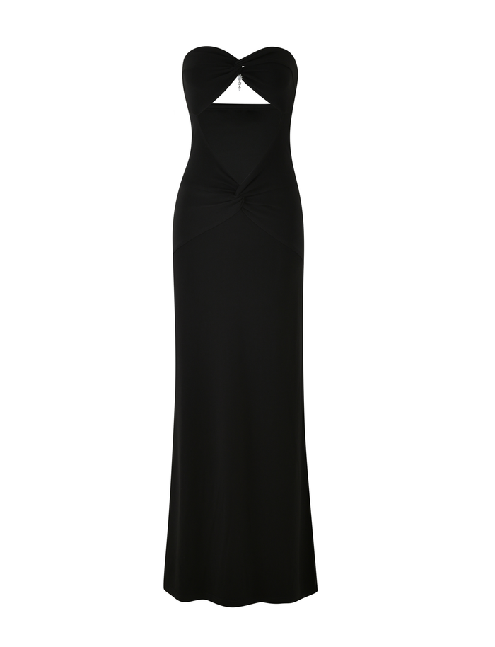 The TIGERMIST GRAZIA DRESS - BLACK is a strapless, floor-length bandeau maxi with a sweetheart neckline, under-bust cutout, and gathered waist, shown on a plain white background.