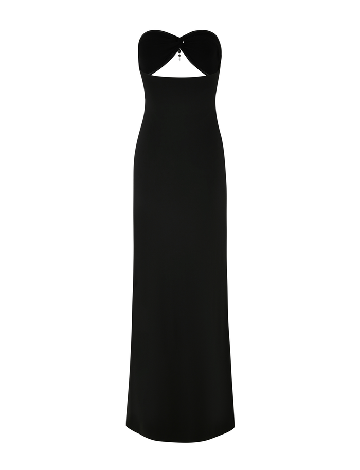 The TIGERMIST GRAZIA DRESS - BLACK is a strapless, black bandeau maxi dress featuring a sweetheart neckline, under bust cutout, and slim fit. Minimal and elegant, perfect with silver jewel gel tape. Shown on a white background.