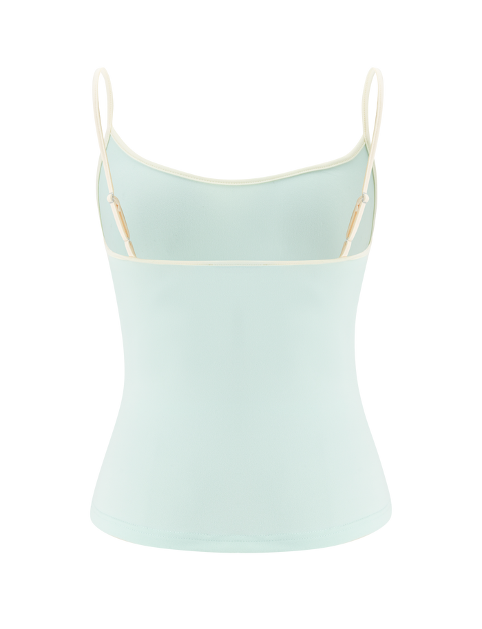 The TIGERMIST GREER TOP in mint green features a fitted design with adjustable spaghetti straps and a subtle cowl neckline, shown against a plain white background.