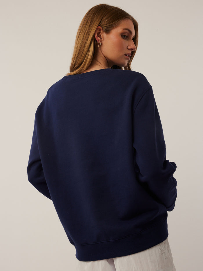 Greyson Aspen Crewneck in Maltese Blue - Back View, Women's Cotton Crewneck Sweatshirt On Model | Greyson Clothiers