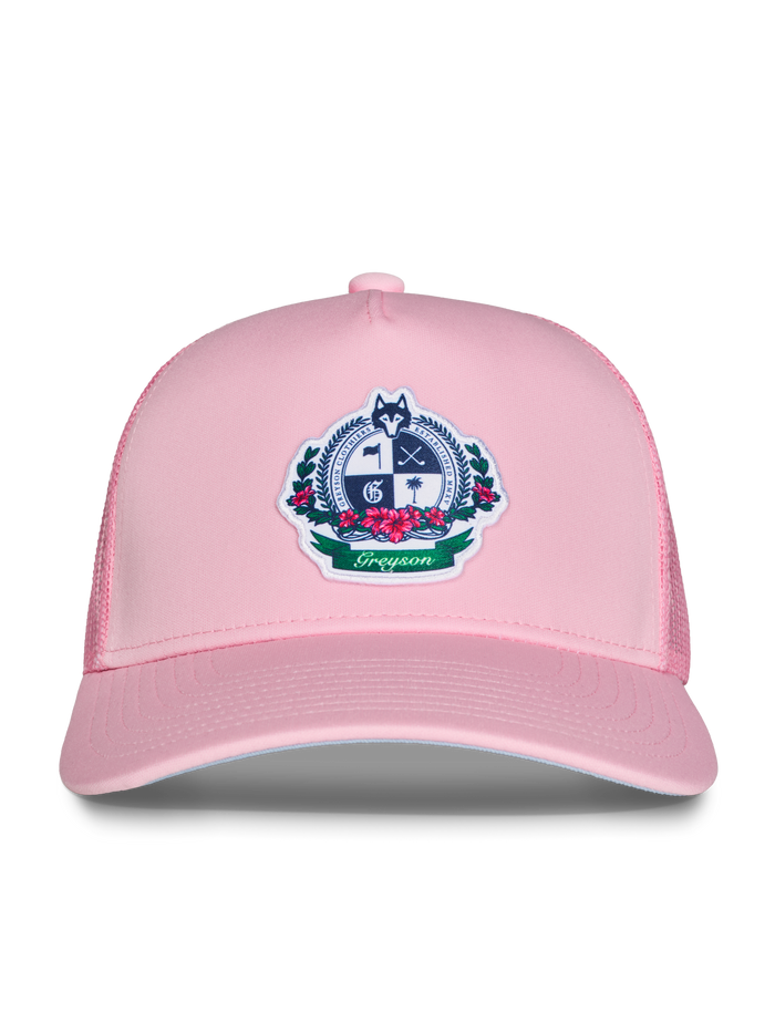 Azalea Pink Mesh Trucker Hat - Front View with Greyson Crest Patch | Greyson Clothiers