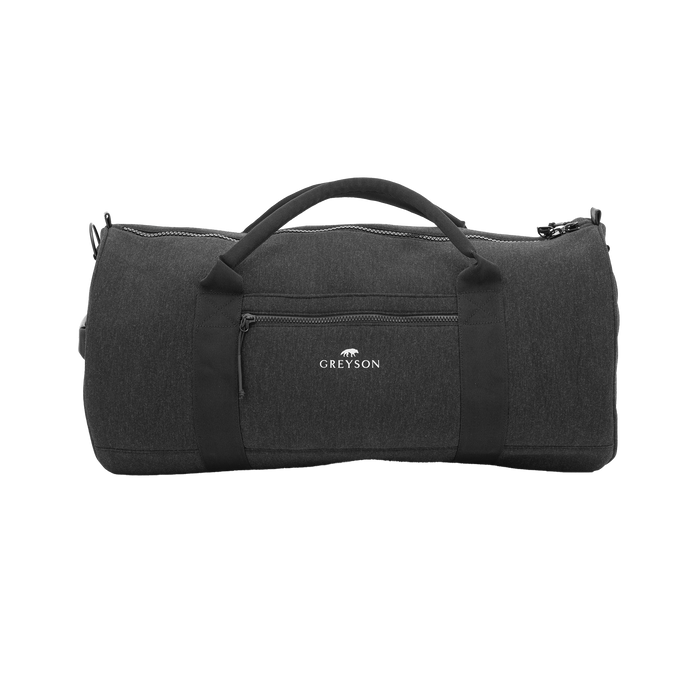 Dark Grey Heather Greyson Duffle Bag - Front View with Zip Pocket & Shoulder Strap | Greyson Clothiers
