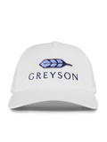 Arctic White Greyson Feather Trucker Hat - Front View, embroidered feather patch & logo | Greyson Clothiers