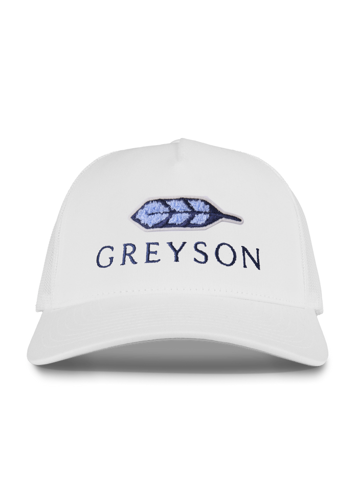 Arctic White Greyson Feather Trucker Hat - Front View, embroidered feather patch & logo | Greyson Clothiers
