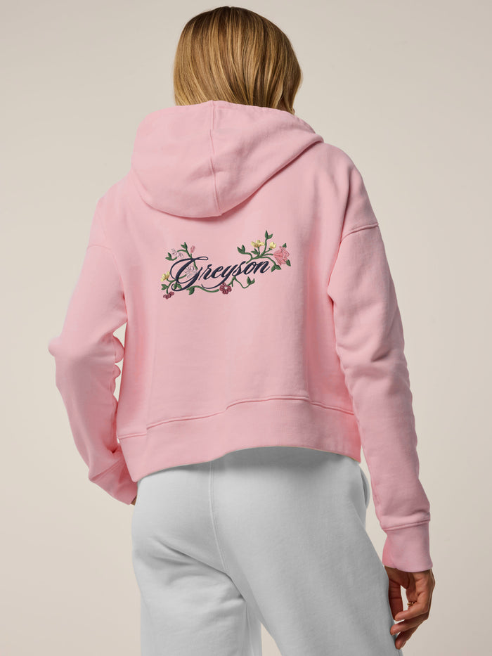 Azalea Floral Cropped Aspen Hoodie - Back Floral Embroidery Detail On Model | Greyson Clothiers