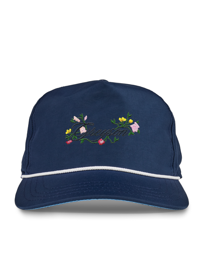 Maltese Nylon Floral Rope Hat, Embroidered Script Logo & White Rope Brim - Front View | Greyson Clothiers