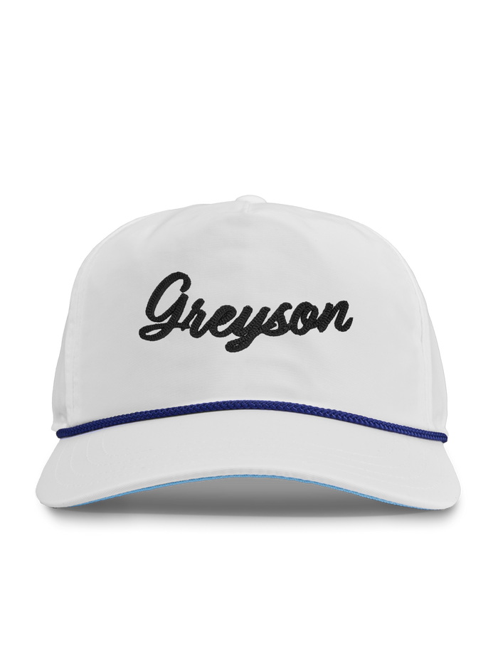 Arctic Greyson Puff Script Rope Hat - Front View, White Nylon Golf Cap | Greyson Clothiers