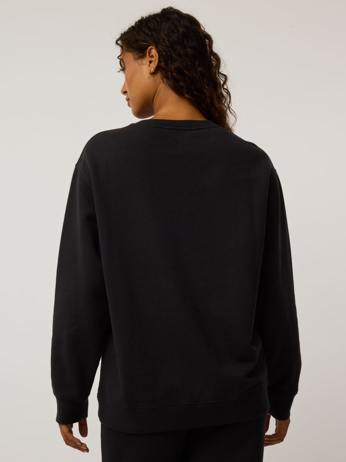 Black Script Aspen Crewneck Sweatshirt - Back View, Relaxed Oversized Fit On Model | Greyson Clothiers