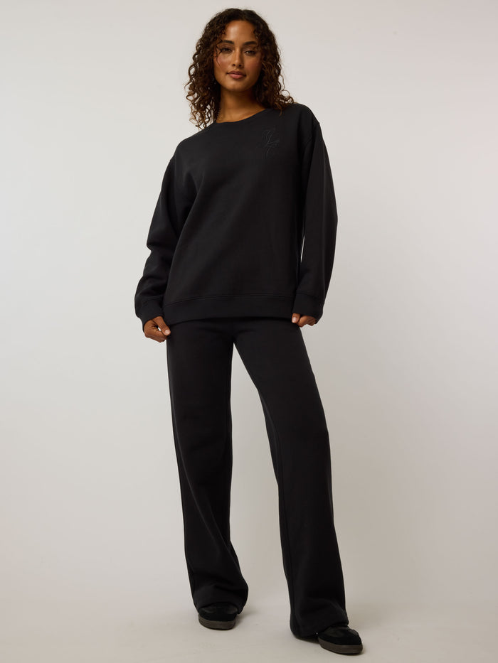 Black Script Aspen Crewneck Sweatshirt - Full Length Styled Look with Wide-Leg Pants | Greyson Clothiers