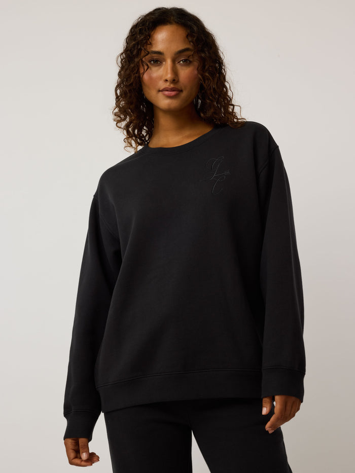 Black Cotton Women's Script Aspen Crewneck - Front On Model, Oversized Premium Sweatshirt | Greyson Clothiers