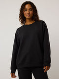 Black Cotton Women's Script Aspen Crewneck - Front On Model, Oversized Premium Sweatshirt | Greyson Clothiers