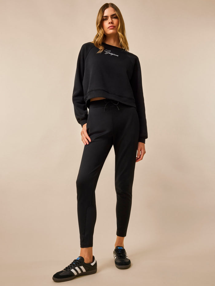 Greyson Script Cropped Crew Neck in Shepherd - Full Body Styled Look, Women's Cotton Blend Midlayer | Greyson Clothiers