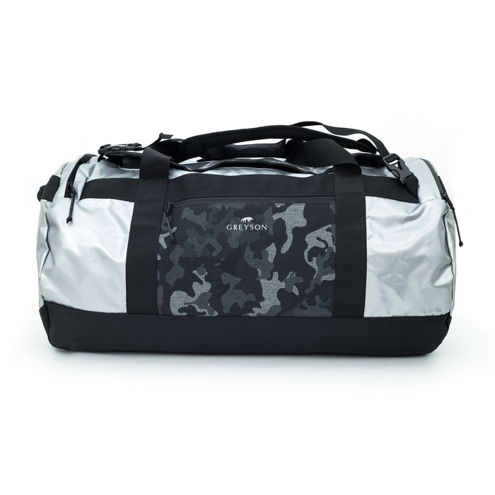 Greyson x Jones Dry Bag 70L in Silver - Front View with camoscape pocket and top handles | Greyson Clothiers