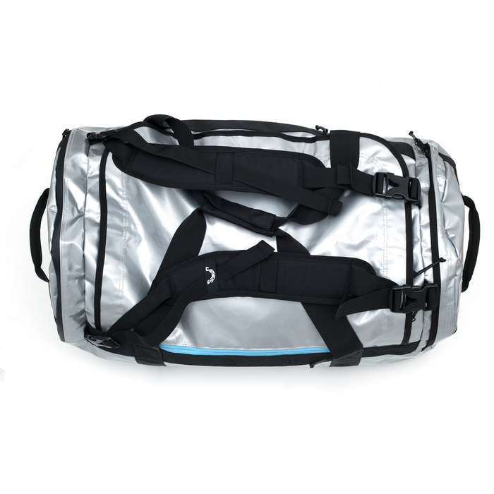 Greyson x Jones Dry Bag 70L Silver - Back View showing convertible backpack harness straps | Greyson Clothiers