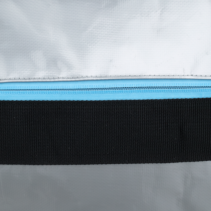 Greyson x Jones Dry Bag 70L Silver - Blue contrast zipper and webbing strap close-up | Greyson Clothiers