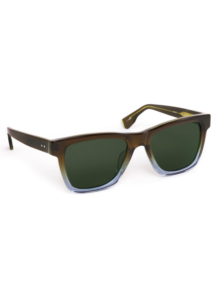Greyson x Krewe Rory Sunglasses in Nori - Olive-to-Blue Fade Acetate Frame, Quarter Angle View | Greyson Clothiers