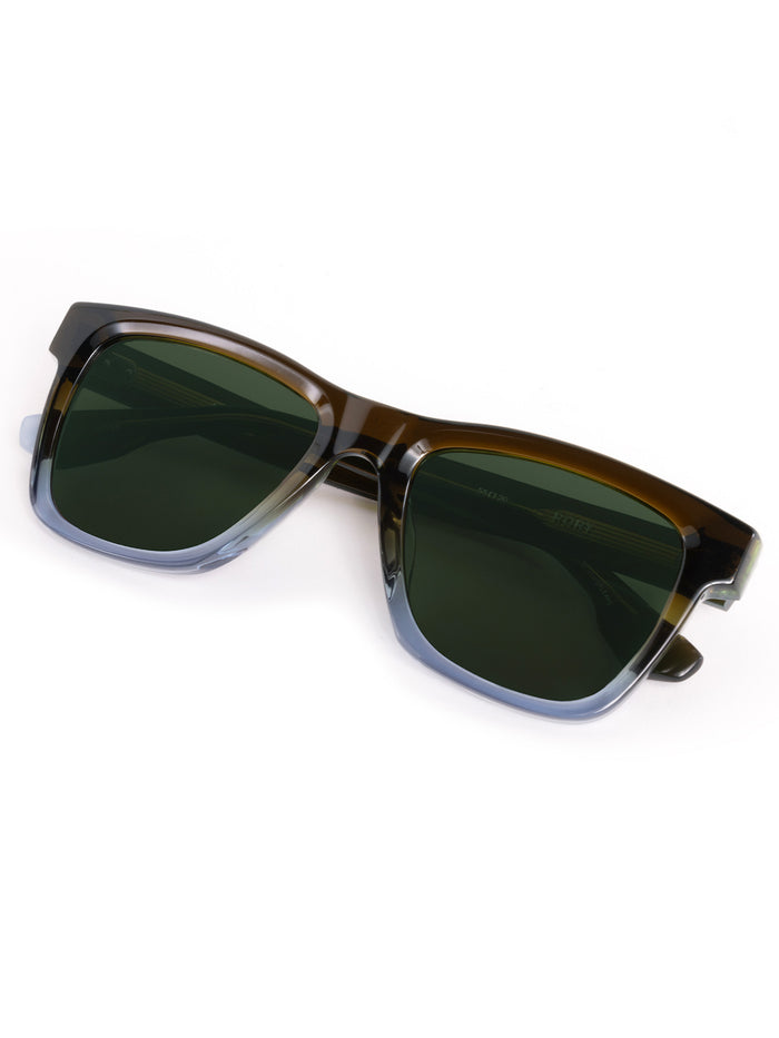 Greyson x Krewe Rory Sunglasses in Nori - Folded Flat Lay, Green Lens Detail | Greyson Clothiers
