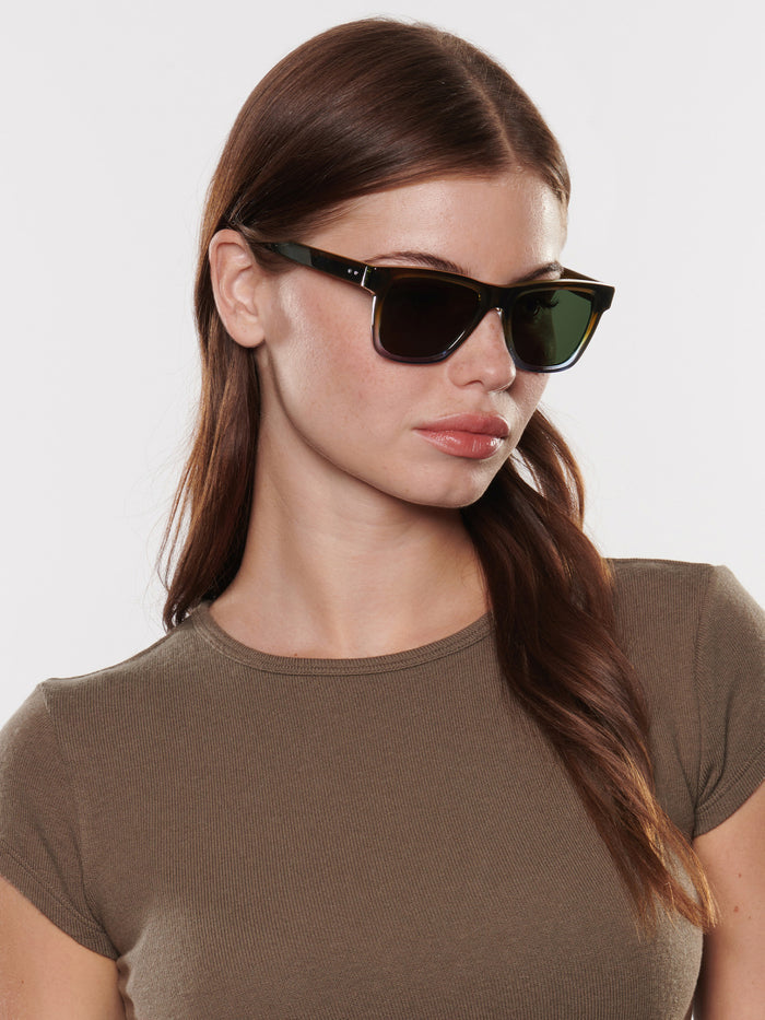 Greyson x Krewe Rory Sunglasses in Nori Worn by Female Model - Oversized Acetate Frame On Model | Greyson Clothiers