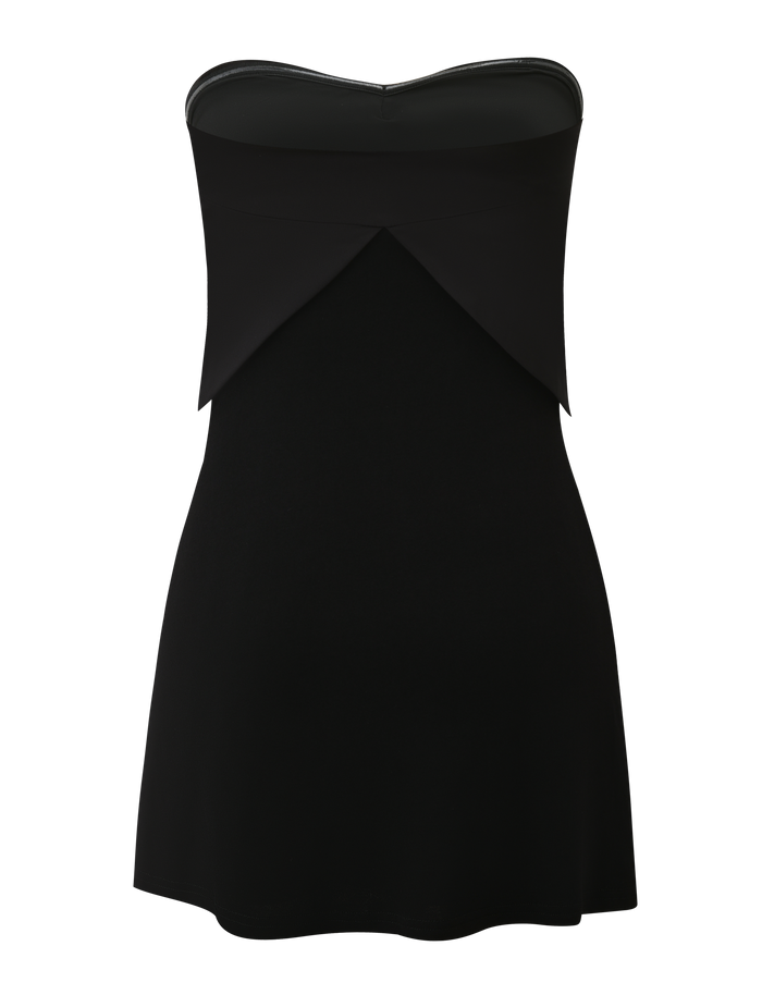 The TIGERMIST GROVE MINI DRESS - BLACK is a strapless black mini dress with a fitted bodice and triangular waist overlay, ideal for a chic look, shown on a plain white background.
