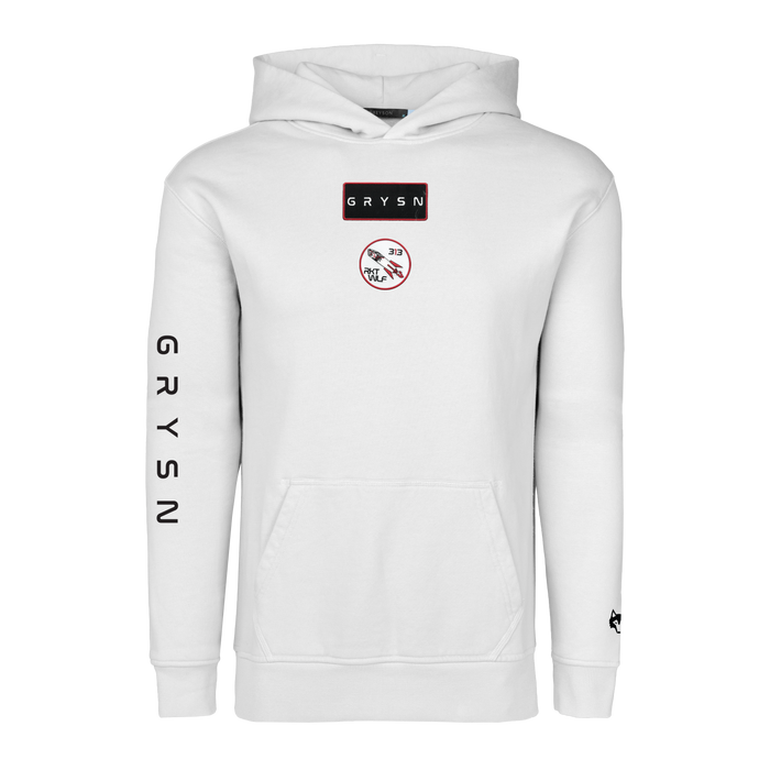 Arctic White Cotton LST Flight Aspen Hoodie - Front View, GRYSN Patch & RKT WLF Embroidery | Greyson Clothiers