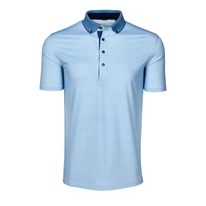 Light Blue Tonal Geometric Print Guardian Short Sleeve Golf Polo, Button-Down Collar, Contrast Placket - Front View | Greyson Clothiers
