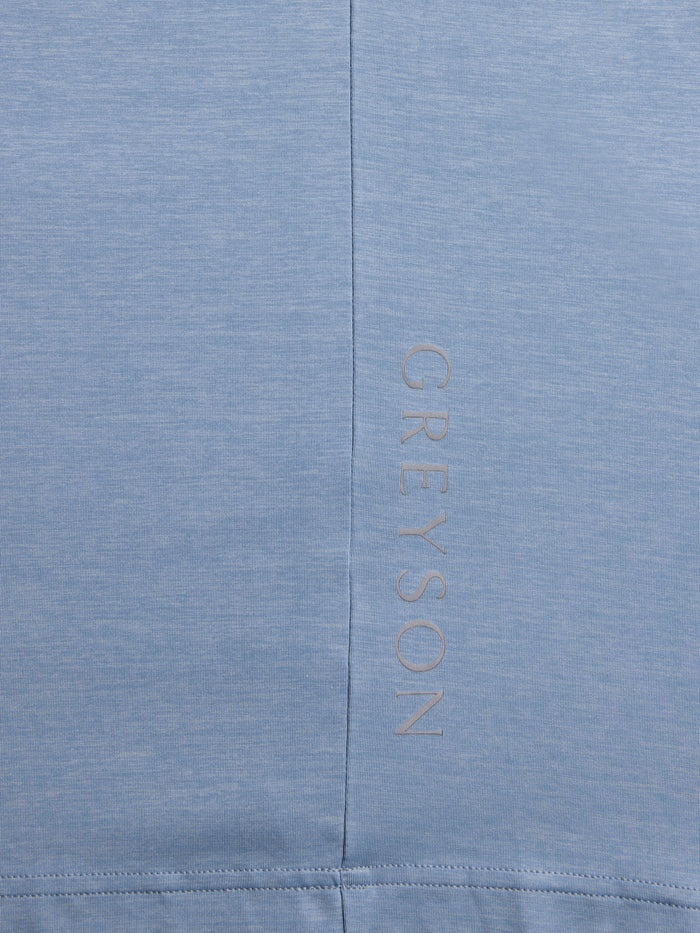 Bonneville Blue Guide Sport Hoodie - Back Hem Logo Detail, Greyson Wordmark on Performance Fabric | Greyson Clothiers