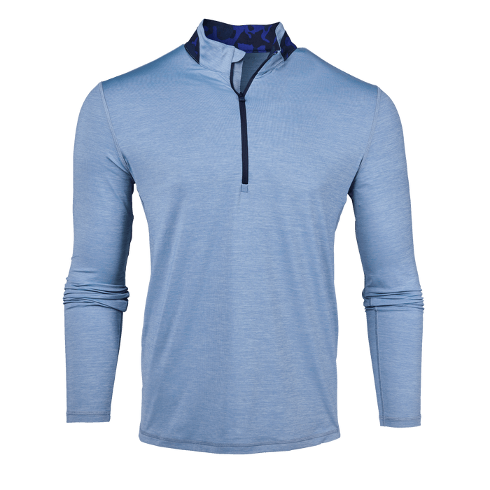 Light Blue Heather Greyson Clothiers Guide Sport Quarter-Zip with Camo Collar - Front View | Greyson Clothiers