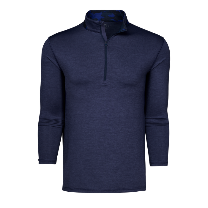 Navy Heather Greyson Clothiers Guide Sport Quarter-Zip with Blue Camo Collar - Front View | Greyson Clothiers