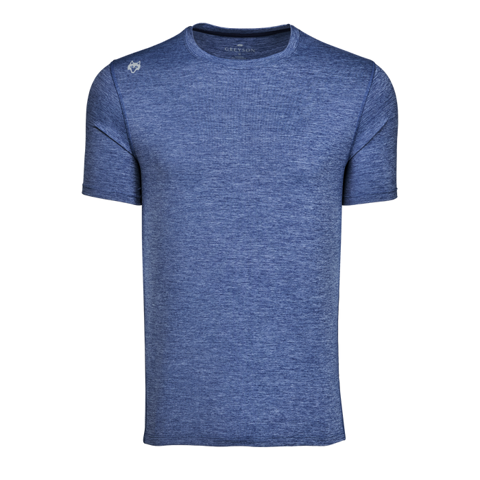 Navy Heather Guide Sport Short Sleeve Athletic Tee - Front View, Wolf Logo, brrrº Cooling Fabric | Greyson Clothiers