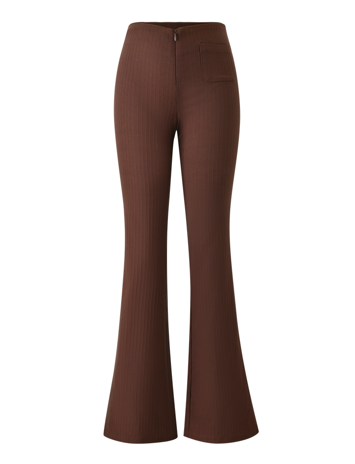 The TIGERMIST GWENDOLINE PANT in chocolate features a high waist, ribbed flare design, front zipper, and a single right-side pocket—ideal for elevating everyday style. Shown on a white background.