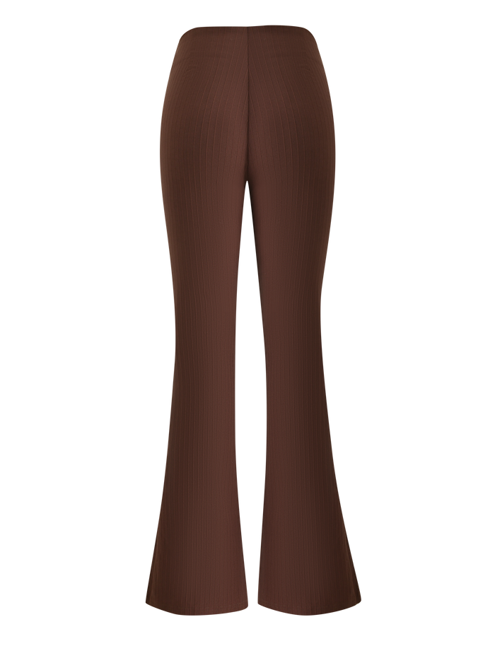 Back view of TIGERMIST GWENDOLINE PANT in chocolate—ribbed knit, flared leg style—shown against a white background.