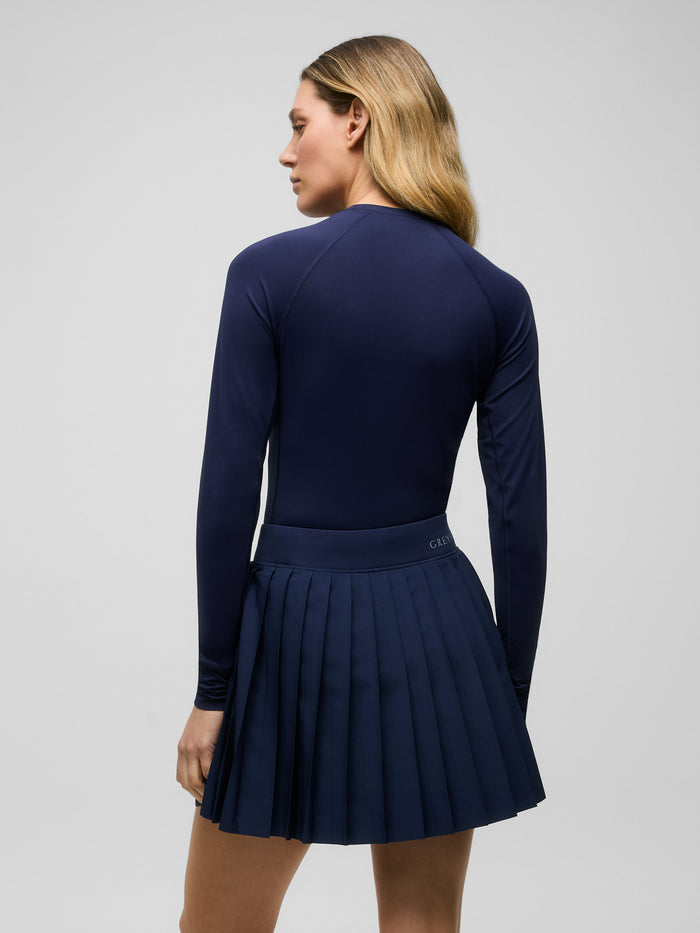 Maltese Blue Halley Long Sleeve Top - Back View On Model, Slim Athletic Fit Women's Top | Greyson Clothiers