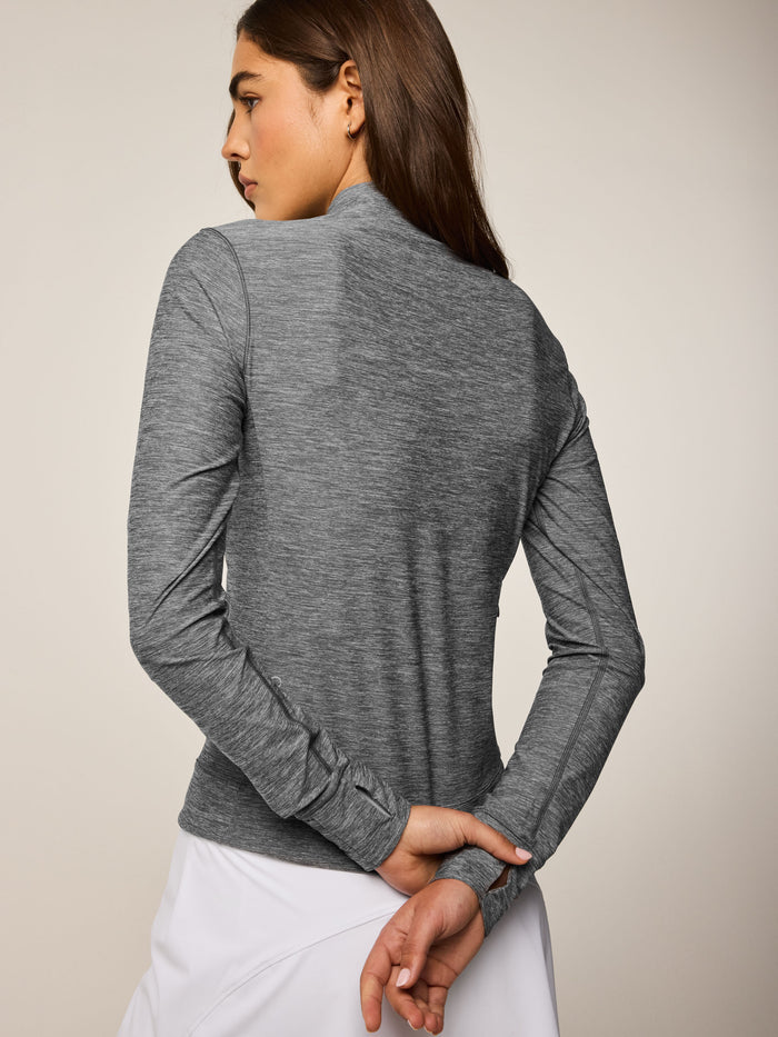 Smoke Heather Halley Melange Quarter-Zip Women's Performance Layer - Back View, Thumbhole Cuffs | Greyson Clothiers