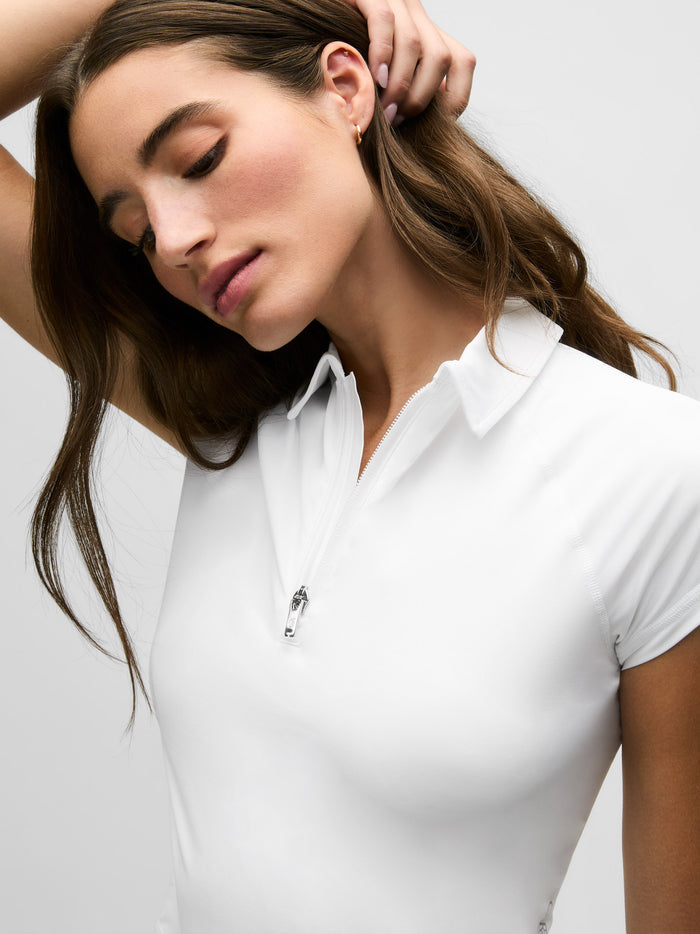 Arctic White Halley Short Sleeve Quarter-Zip Polo - Quarter-Zip & Collar Close-Up | Greyson Clothiers