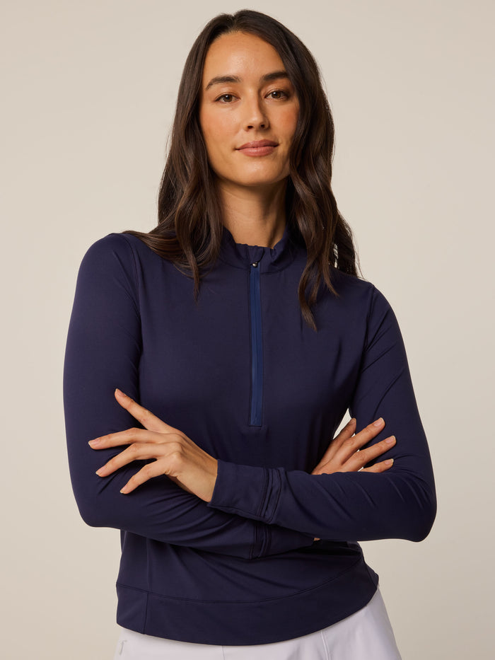 Lychee Pink Halley Long Sleeve Quarter-Zip - Front View, Women's Performance Golf Midlayer | Greyson Clothiers