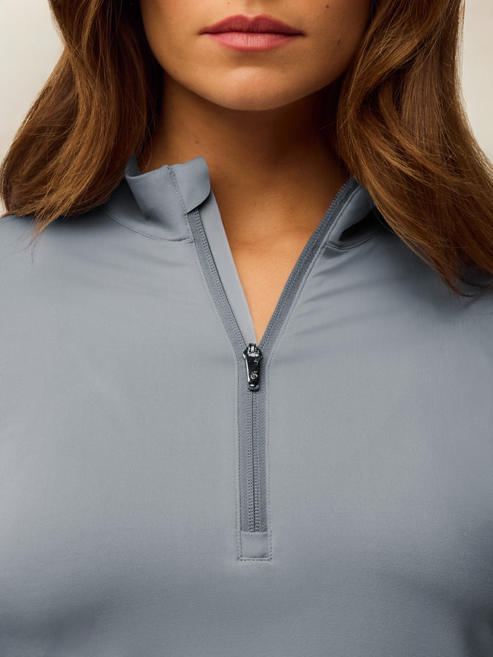 Mineral Mist Halley Quarter-Zip - Quarter-Zip Collar Close-Up Detail, Italian Fabric Women's Midlayer | Greyson Clothiers