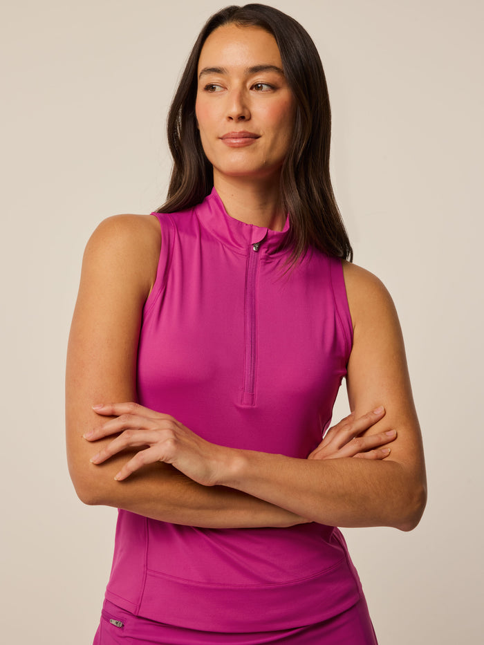 Lychee Pink Halley Sleeveless Quarter-Zip - Front View, Slim Athletic Fit | Greyson Clothiers