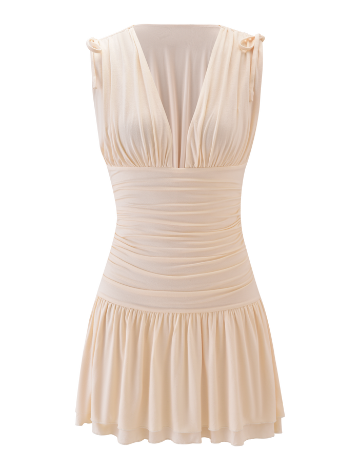 The HALONA MINI DRESS by TIGERMIST is a cream-colored, sleeveless mini with a deep V-neck, ruched bodice and waist, adjustable shoulder drawstrings, and a flared skirt in soft, lightweight fabric.