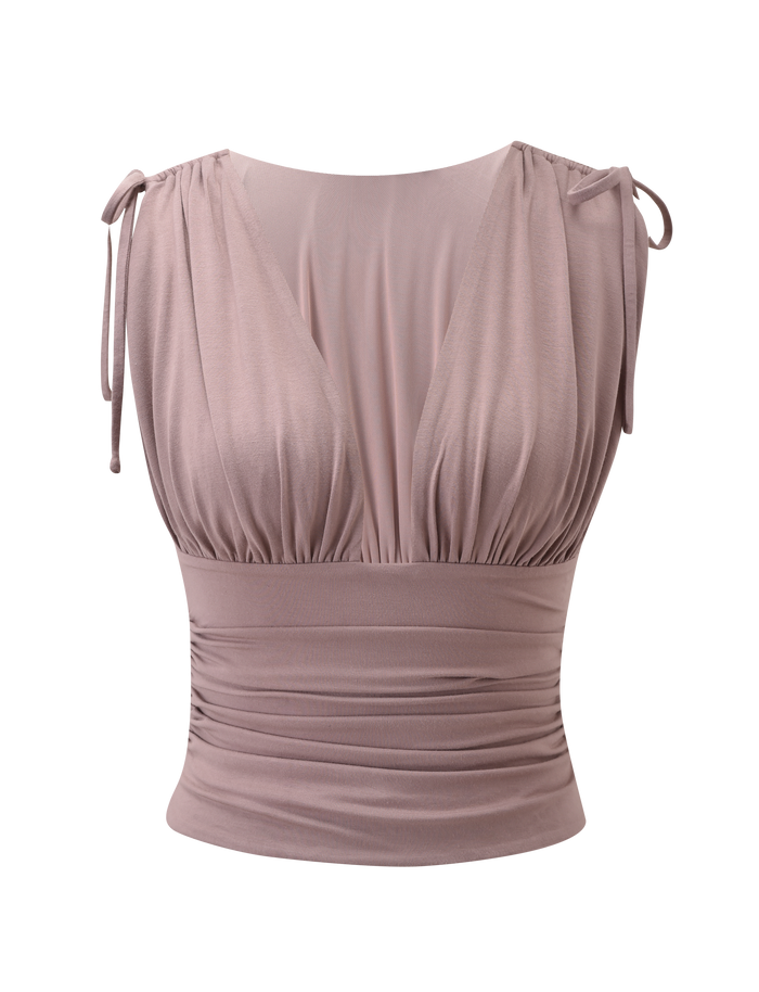 The HALONA TOP - MOCHA by TIGERMIST is a sleeveless top with a ruched bodice, deep V-neck, adjustable shoulder ties, fitted waist, and relaxed upper fit, shown on a plain white background.