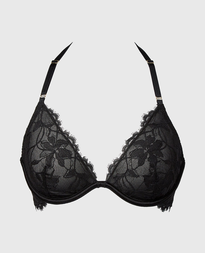 Haltered Unlined Plunge Bra With Afterglow Lace in Tuxedo Black
