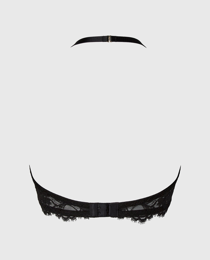 Haltered Unlined Plunge Bra With Afterglow Lace in Tuxedo Black