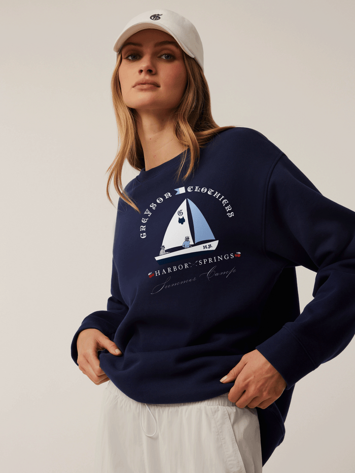 Maltese Blue Harbor Springs Women's Aspen Crewneck Sweatshirt - Front On-Model, Sailboat Graphic | Greyson Clothiers