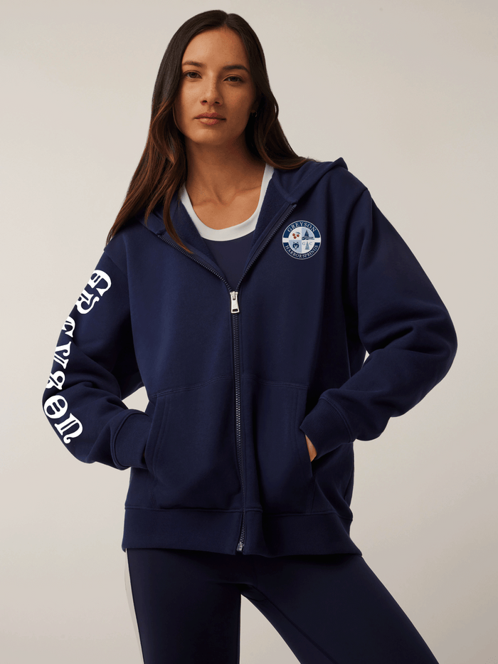 Greyson Clothiers Harbor Springs Women's Aspen Full-Zip Hoodie in Maltese Blue - Front View On Model