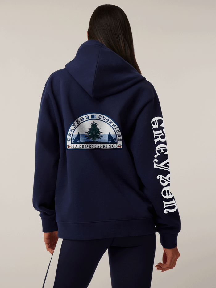 Greyson Clothiers Harbor Springs Women's Aspen Full-Zip Hoodie Maltese Blue - Back Graphic Detail On Model