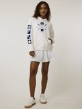 Arctic Pima Cotton Harbor Springs Women's Aspen Hoodie - On Model Front, Navy Wolf Graphic | Greyson Clothiers
